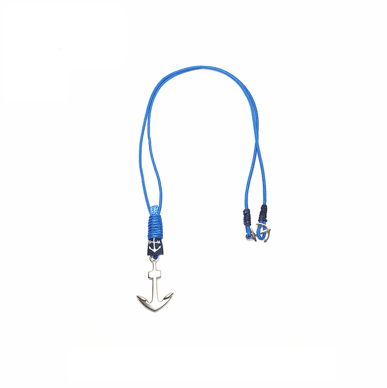 Caragh Anchor Necklace made with blue nautical rope and stainless steel anchor, handmade in Dublin