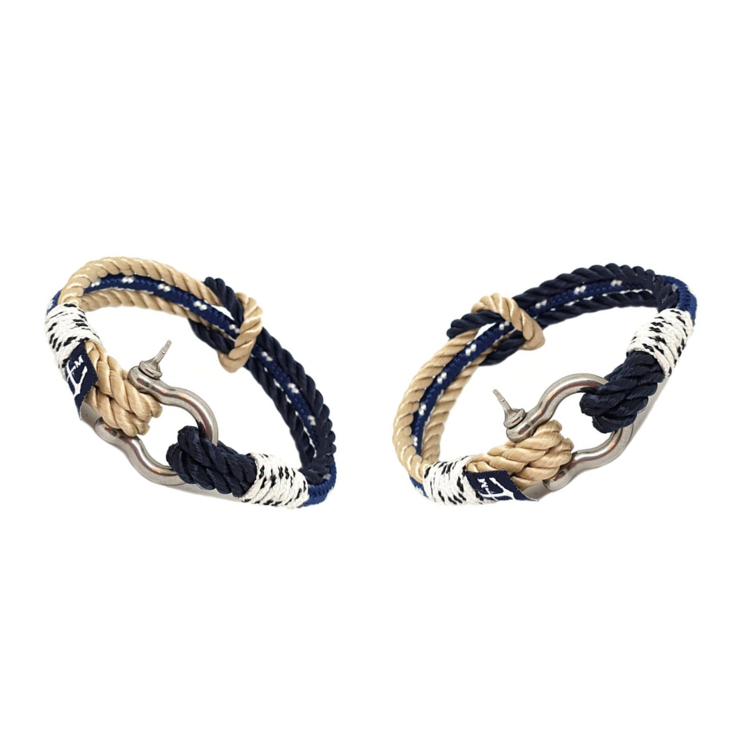 Sile couple nautical bracelets made from beige, black, and blue marine rope with stainless steel clasp