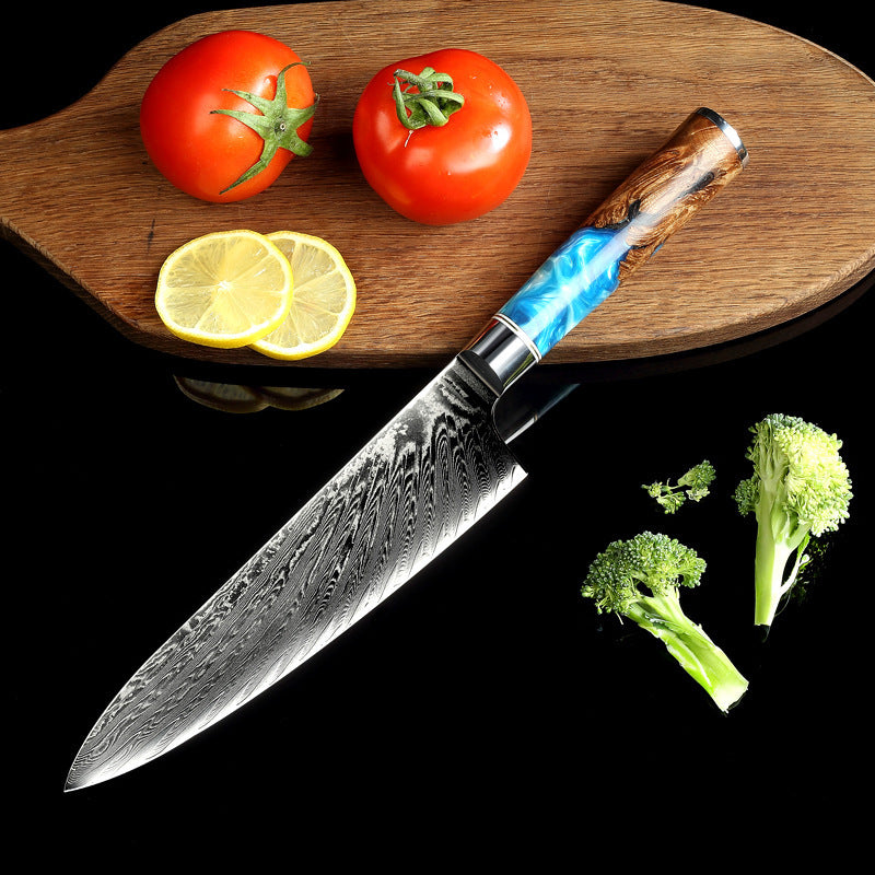 Damascus steel kitchen knife with resin-wood handle