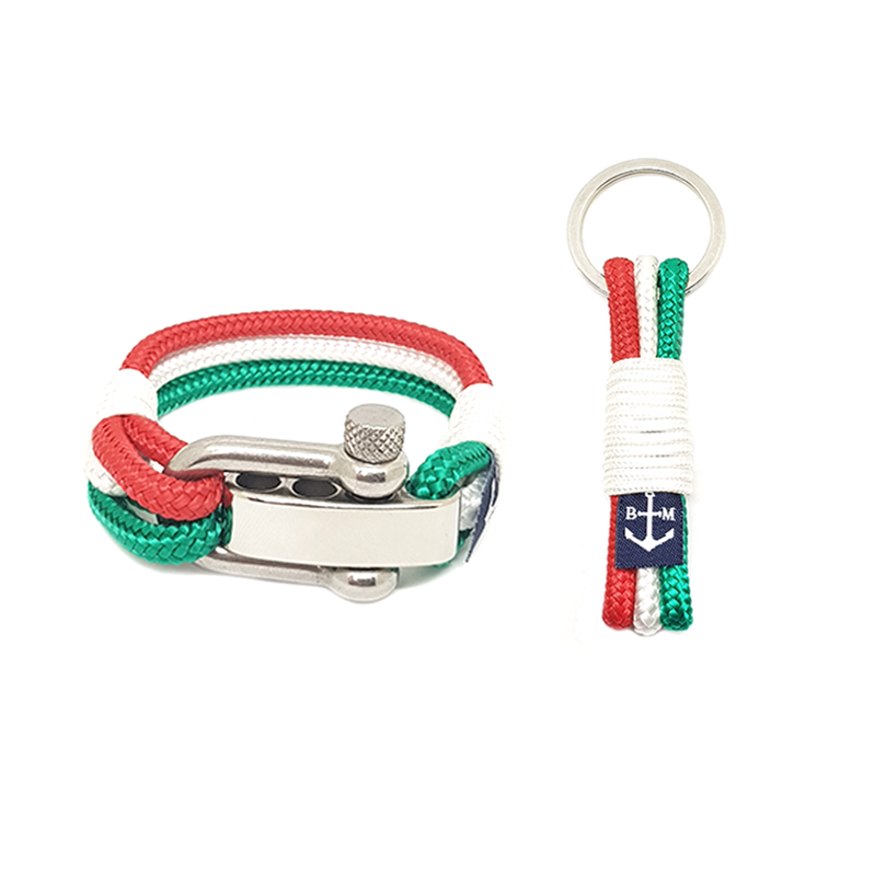 Handmade Italy nautical bracelet and keychain set with green, white, and red marine rope