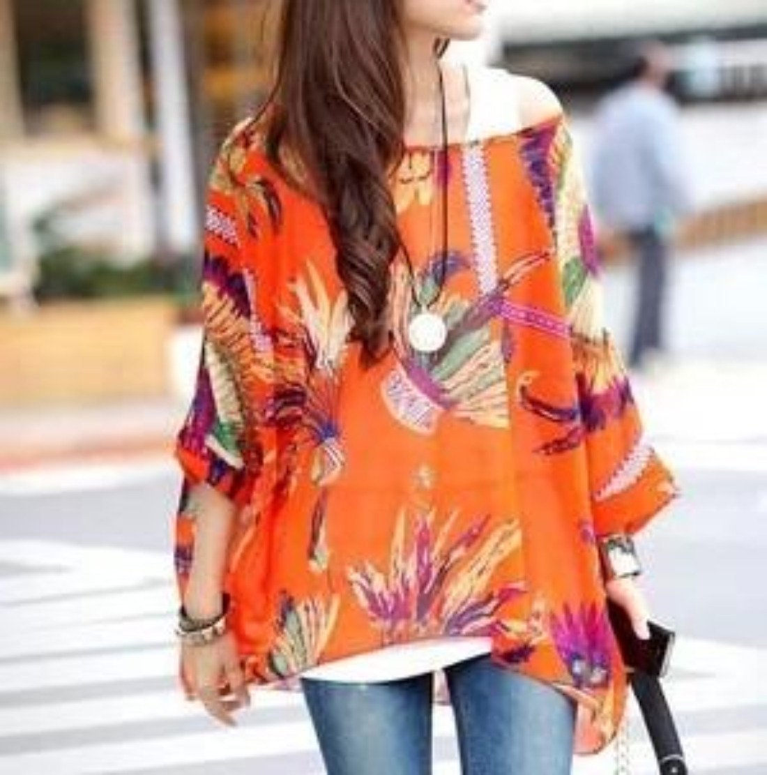 Women’s orange tropical chiffon blouse styled outfit