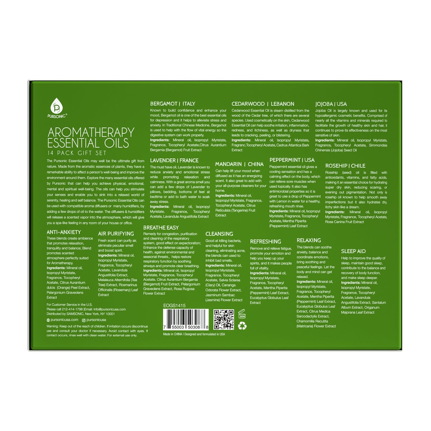Green box of aromatherapy essential oils with text and a barcode on a white background