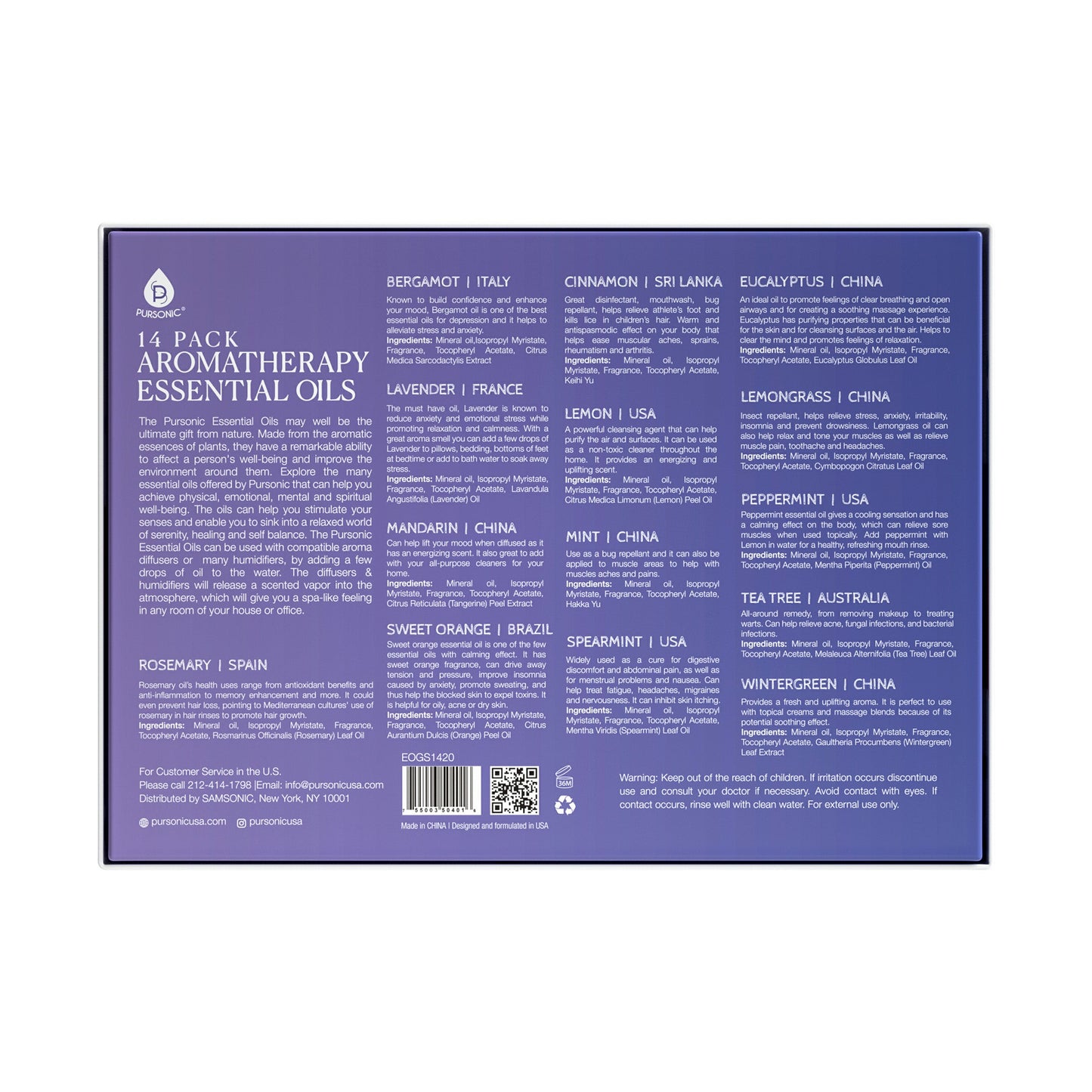 Back of a purple aromatherapy essential oils packaging with text and a barcode.
