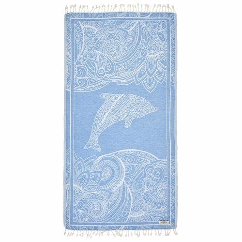 Krombee presents Blue towel with white dolphin and paisley patterns on a white background