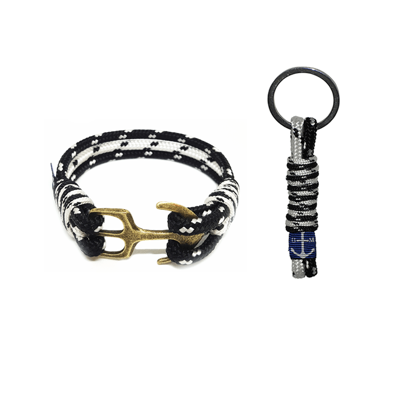 Roisin Nautical Bracelet & Keychain Set in black and white nautical rope with stainless steel anchor, handmade in Dublin, Ireland