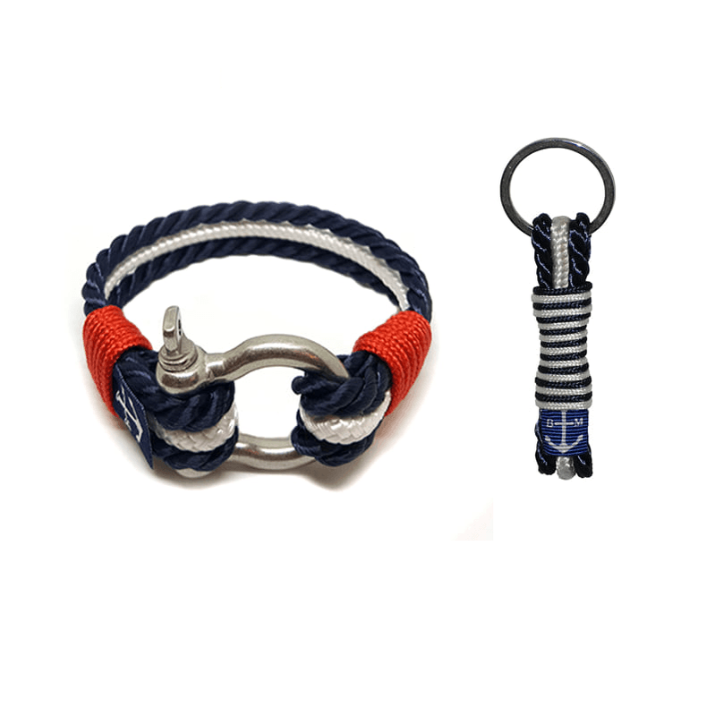 Eimear Nautical Bracelet & Keychain Set in black, white, and red, handmade from marine rope and stainless steel in Dublin, Ireland