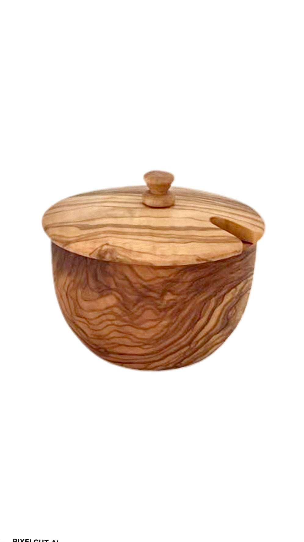 Top view showcasing the unique olive wood grain and round design