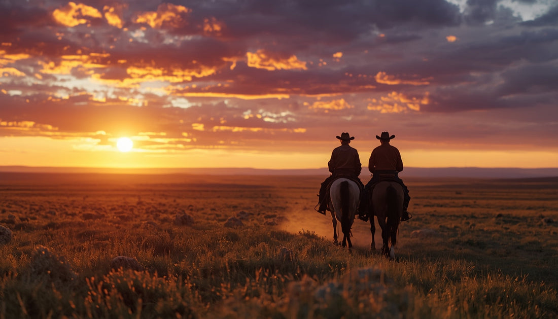 Two elderly cowboys riding at sunset across open plains, symbolizing adventure, discovery, and the beginning of Krombee's journey.