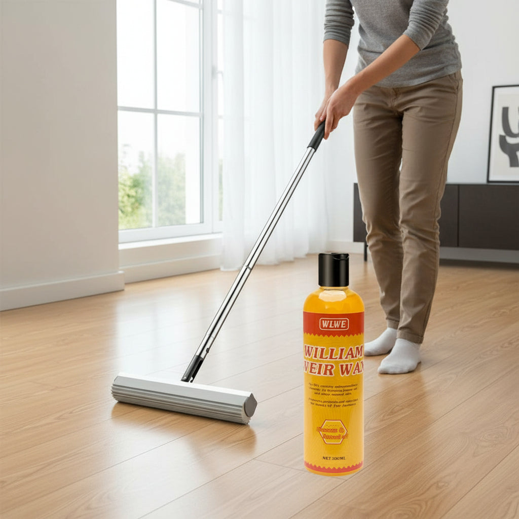 Krombee presents Bottle of natural beesax polish with a mop on a wooden floor