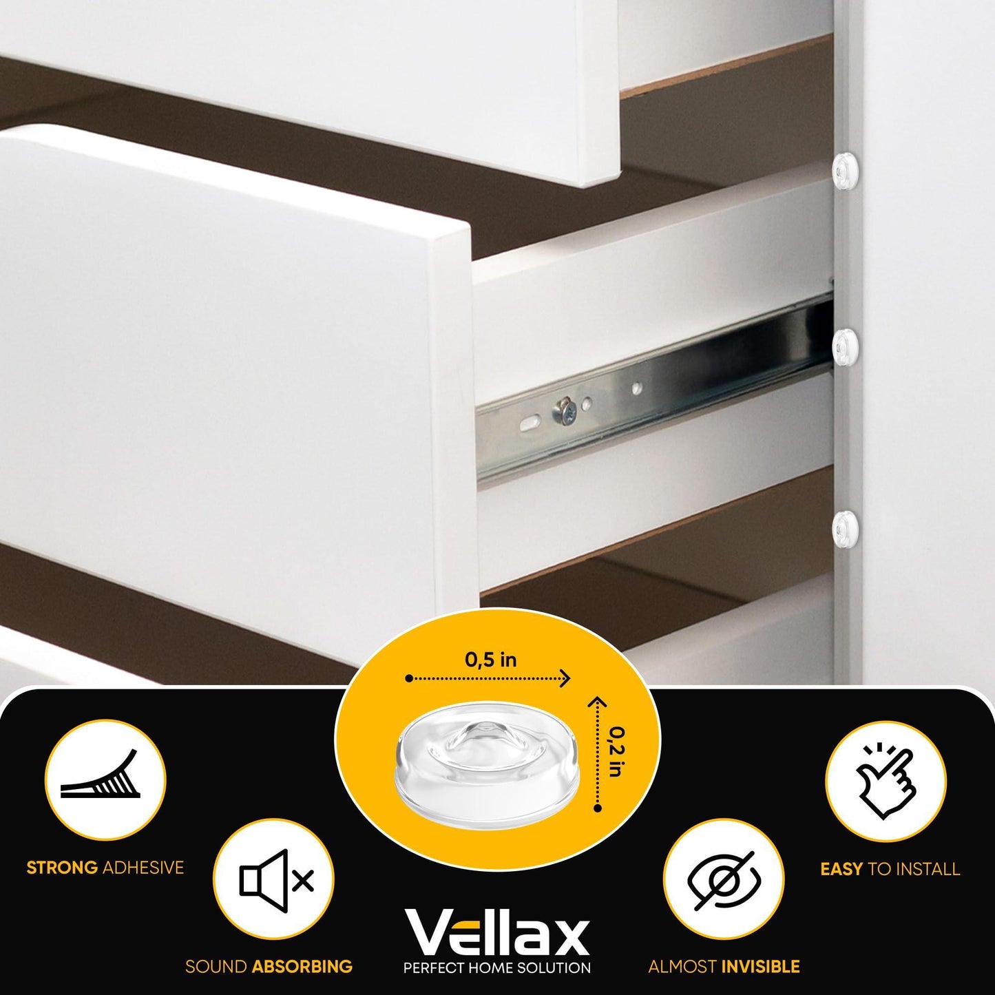 Transparent bumper pads applied to drawer edge, with benefits and dimensions shown