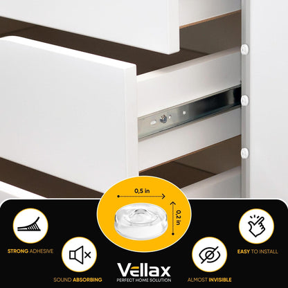 Transparent bumper pads applied to drawer edge, with benefits and dimensions shown
