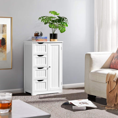 Side view of compact white entryway cabinet