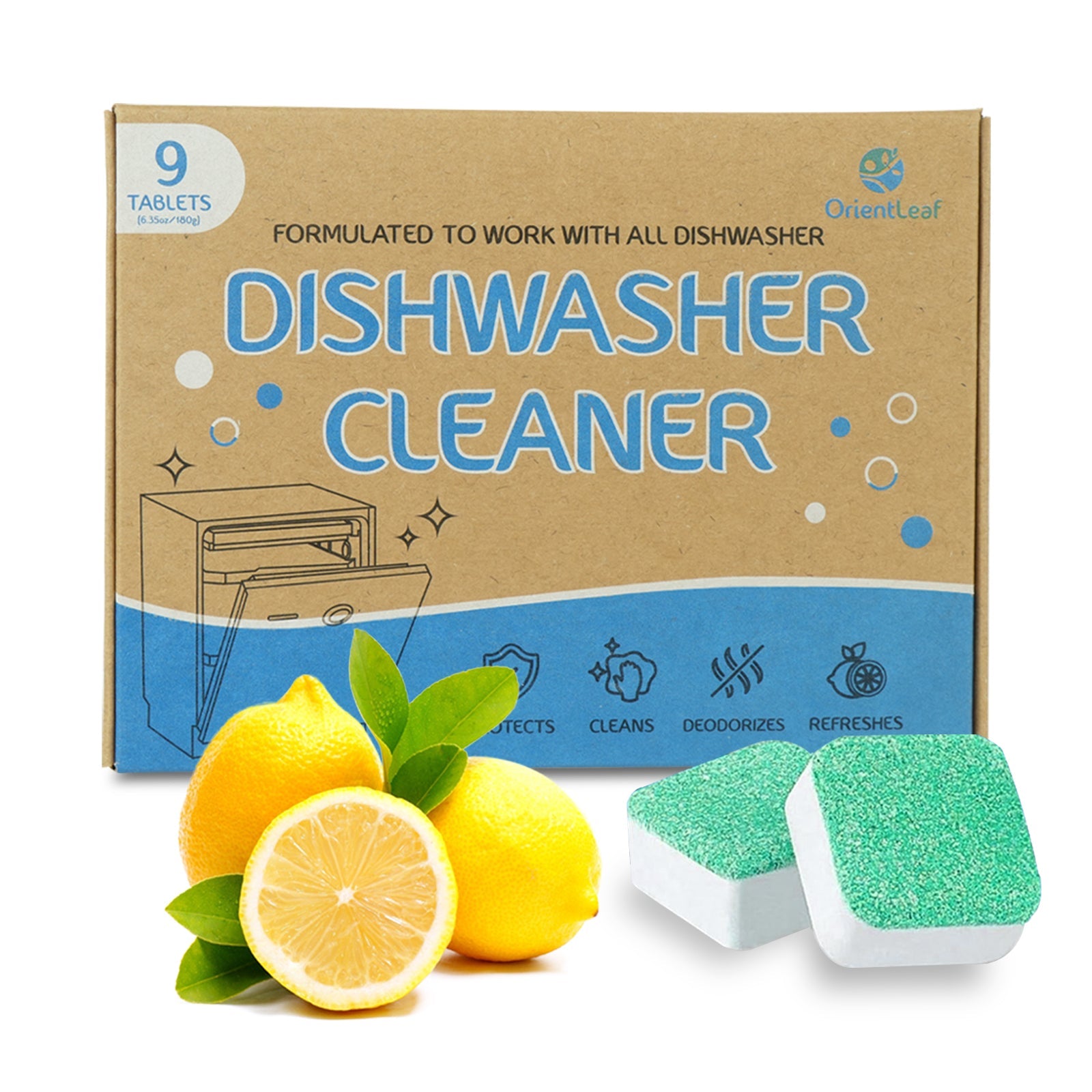 Lemon-scented dishwasher cleaner tablets for odor removal