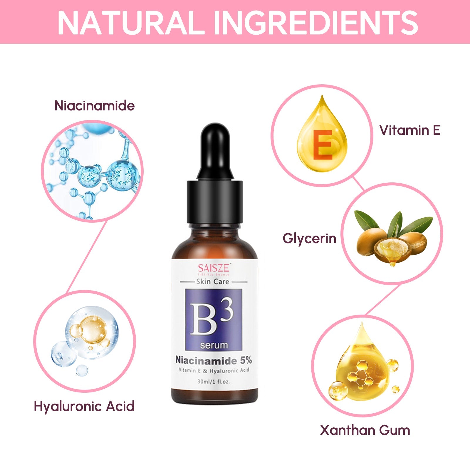 Skincare serum with B3, hyaluronic acid, and botanical extracts