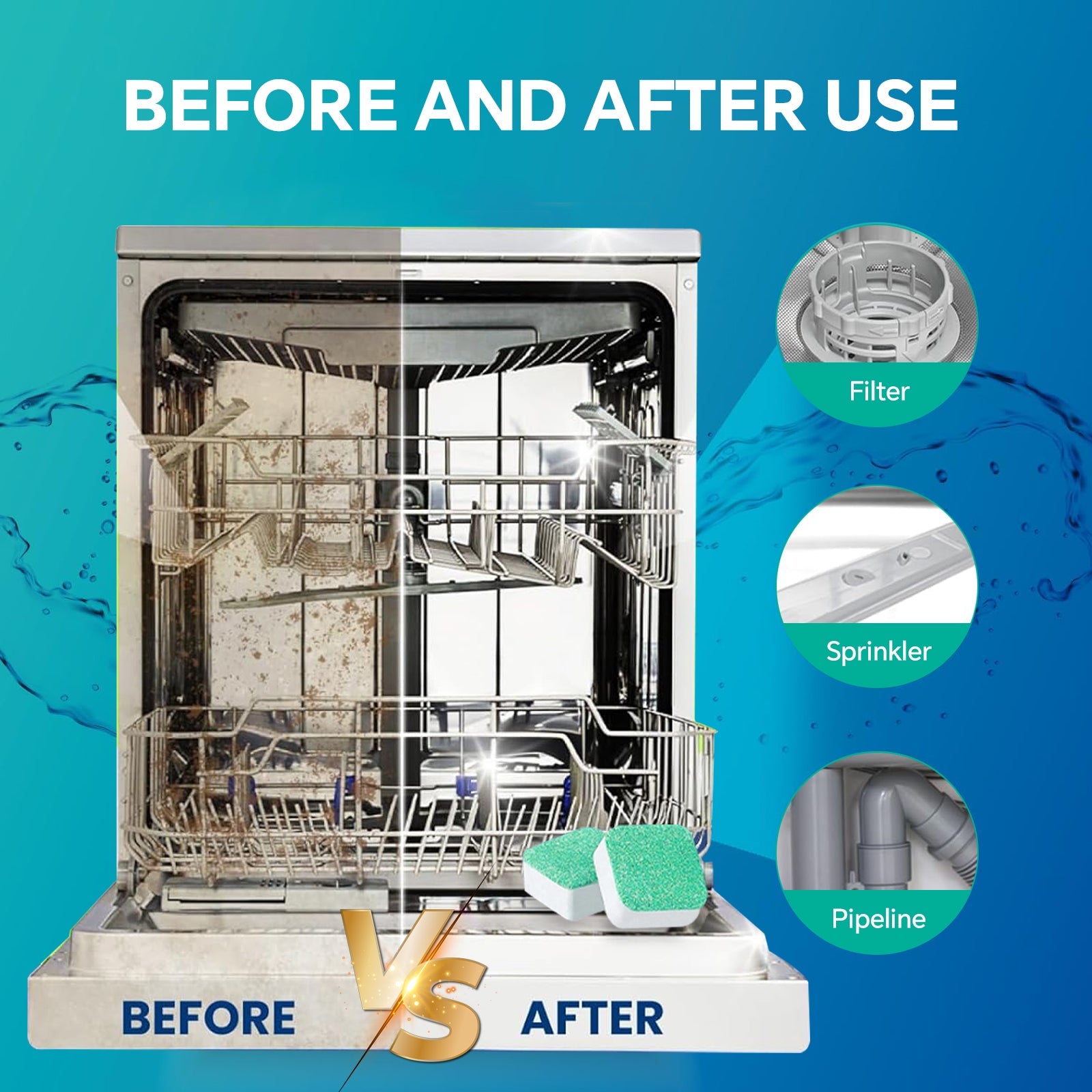 Before and after using the effervescent dishwasher cleaning tablet for machine maintenance