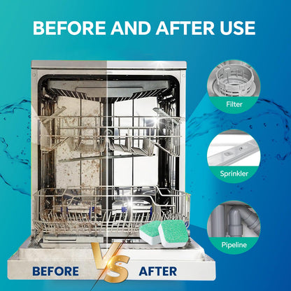 Before and after using the effervescent dishwasher cleaning tablet for machine maintenance