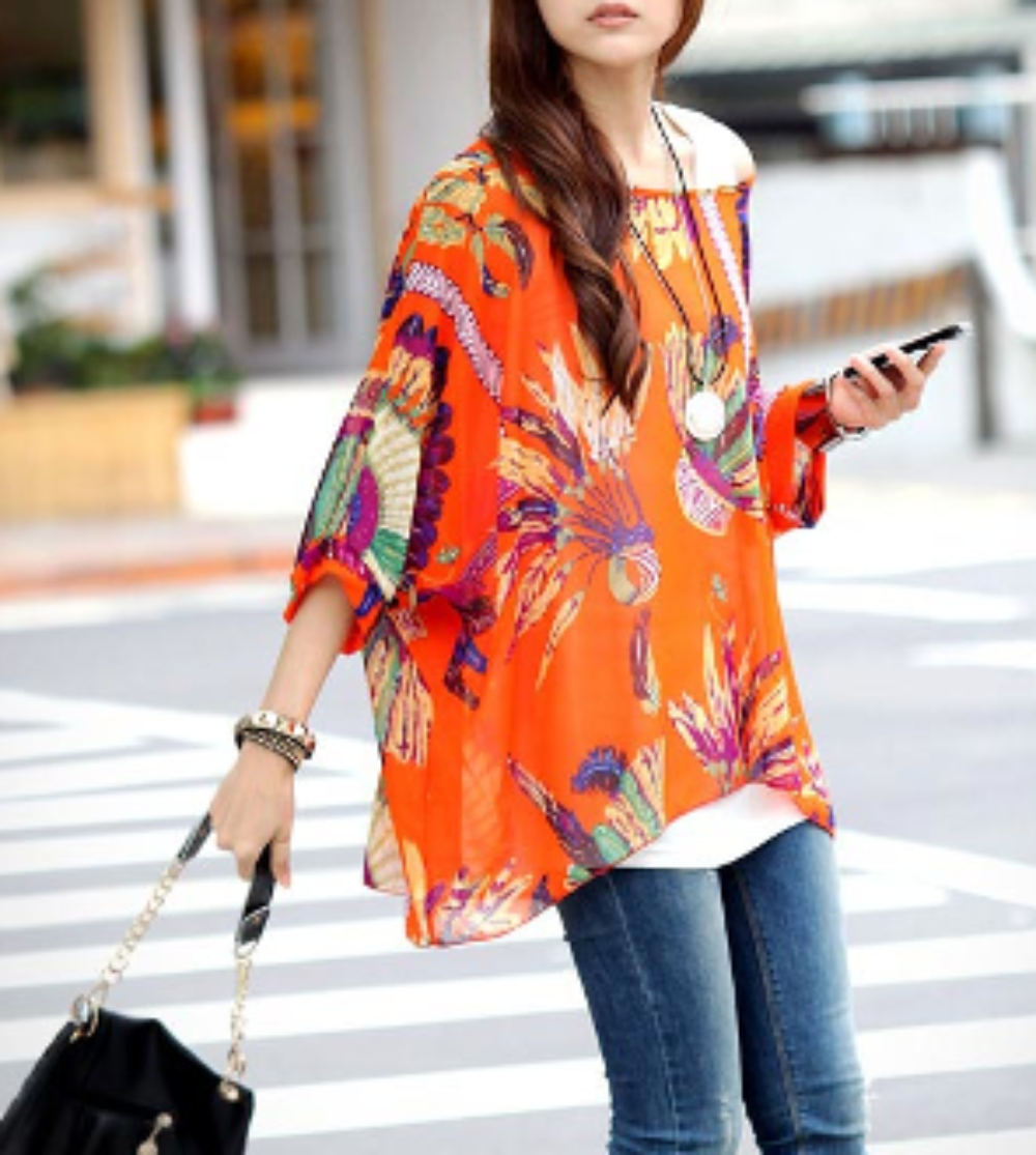 Tropical print chiffon tunic top in orange