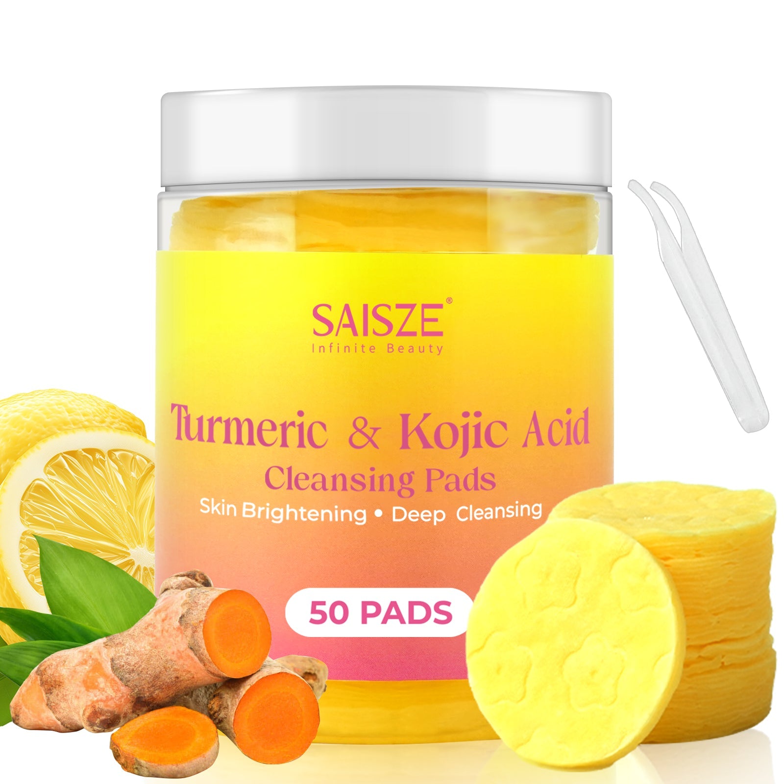 turmeric kojic acid cleansing pads jar front view with ingredients