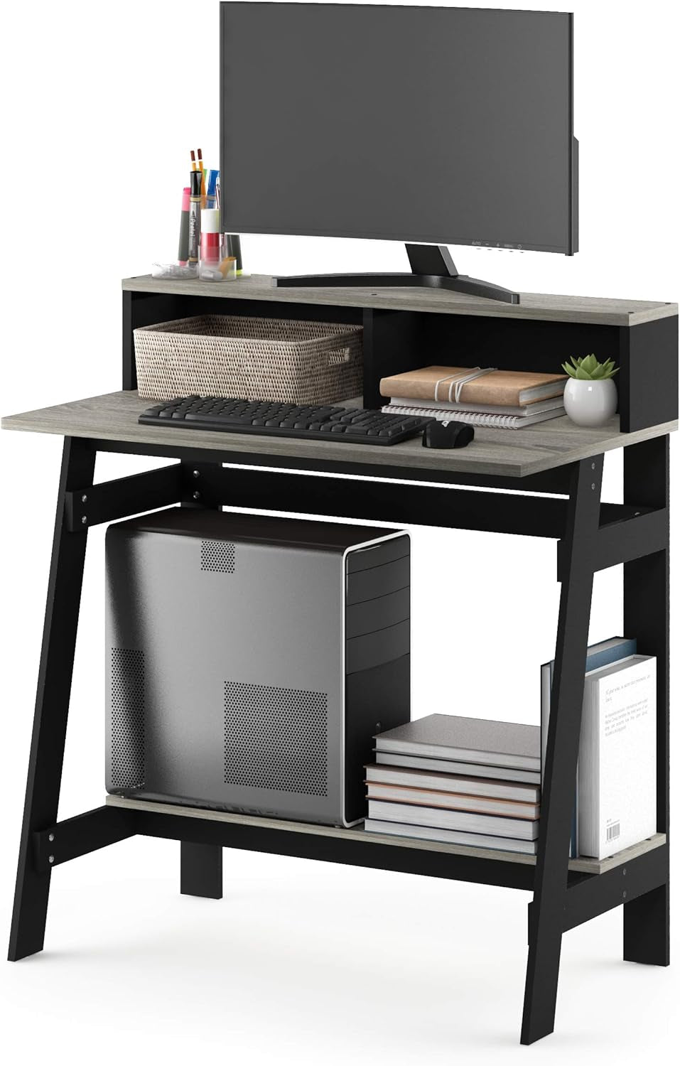 close-up of desk hutch storage compartments