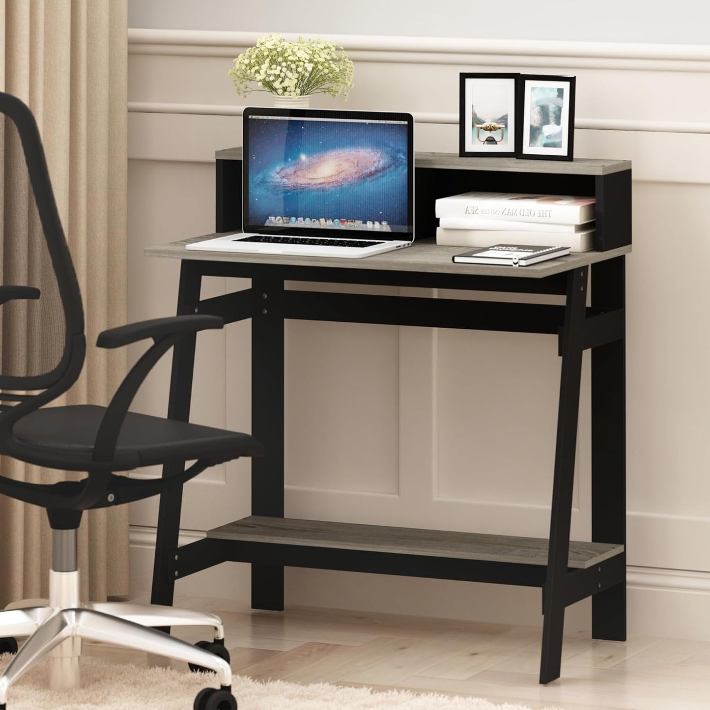 : black and oak grey A-frame computer desk front view