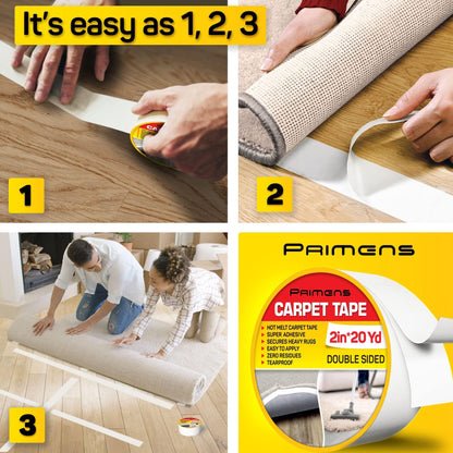 Double-sided carpet tape securing area rug on hardwood floor