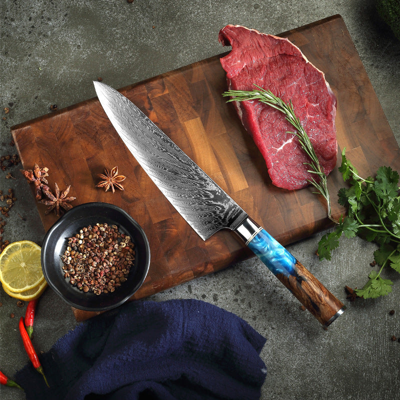 Pattern Damascus chef knife with brocade blade
