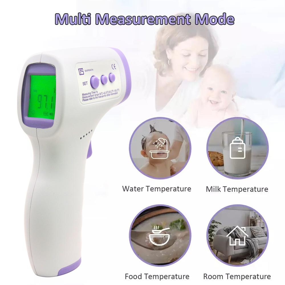 No-contact digital thermometer with multi measurement options like body temperature, water, milk, room temperature.