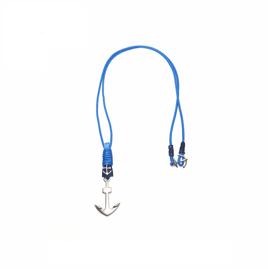 Caragh Anchor Necklace made with blue nautical rope and stainless steel anchor, handmade in Dublin