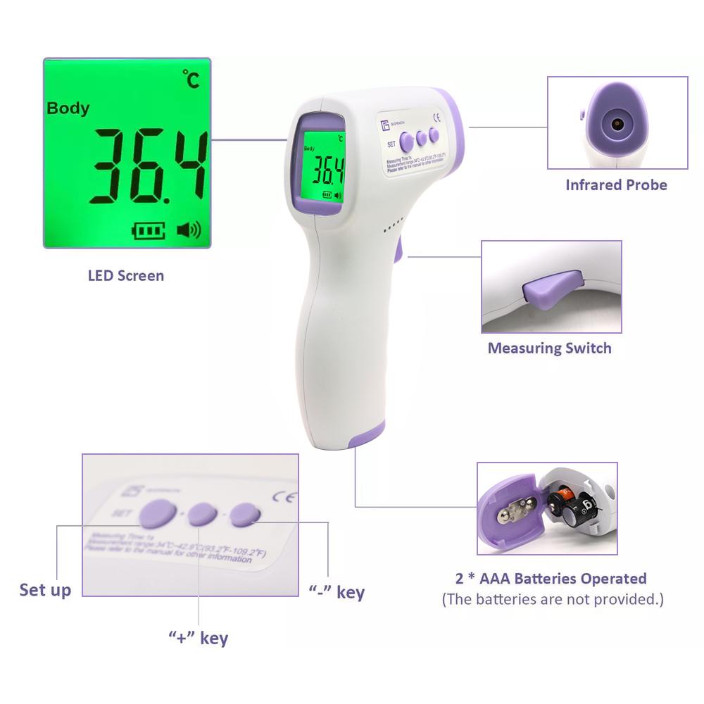 LCD infrared forehead thermometer showing temperature on screen, battery change, and set-up functions