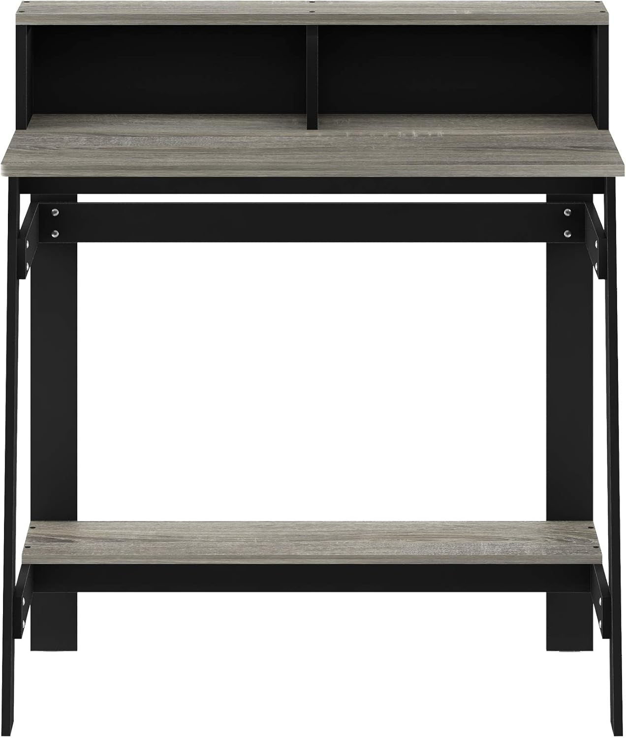 side angle of modern black and oak grey computer desk