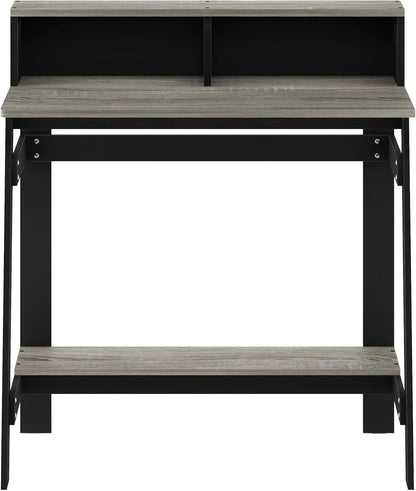 side angle of modern black and oak grey computer desk