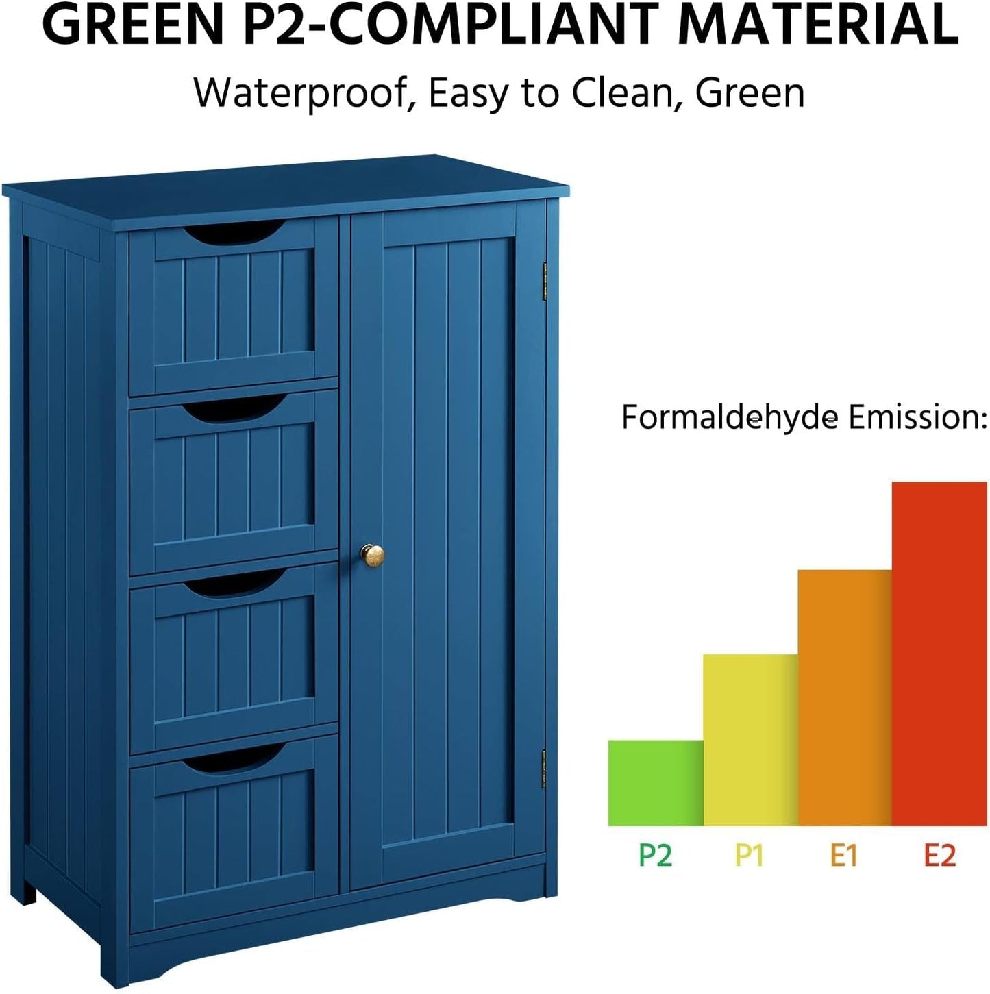 side angle view of navy blue wooden bathroom floor cabinet