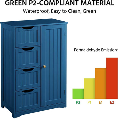 side angle view of navy blue wooden bathroom floor cabinet