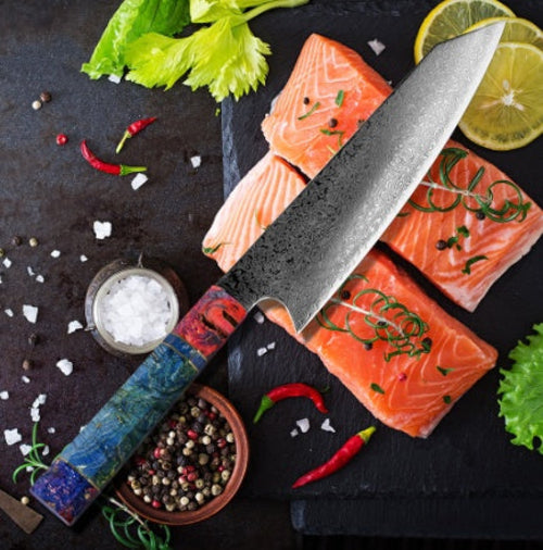 Pattern Damascus Steel Chef Knife with Resin Wood Handle