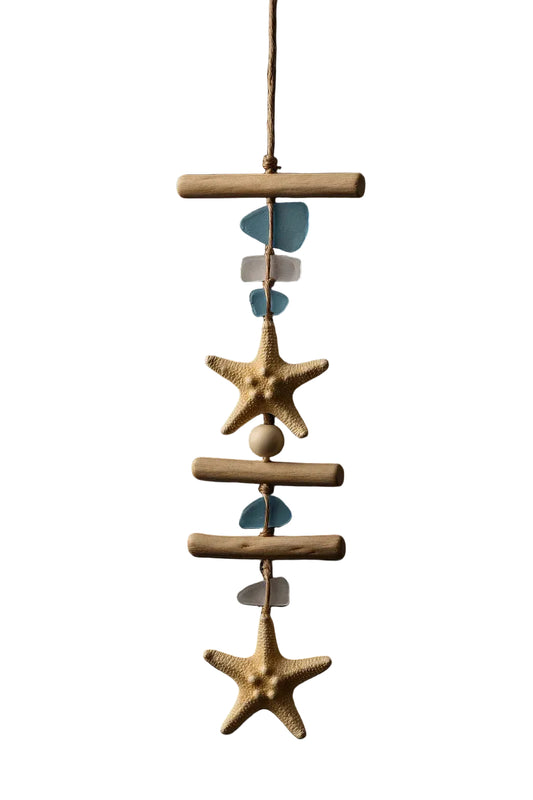 driftwood wall hanging with seashells and starfish