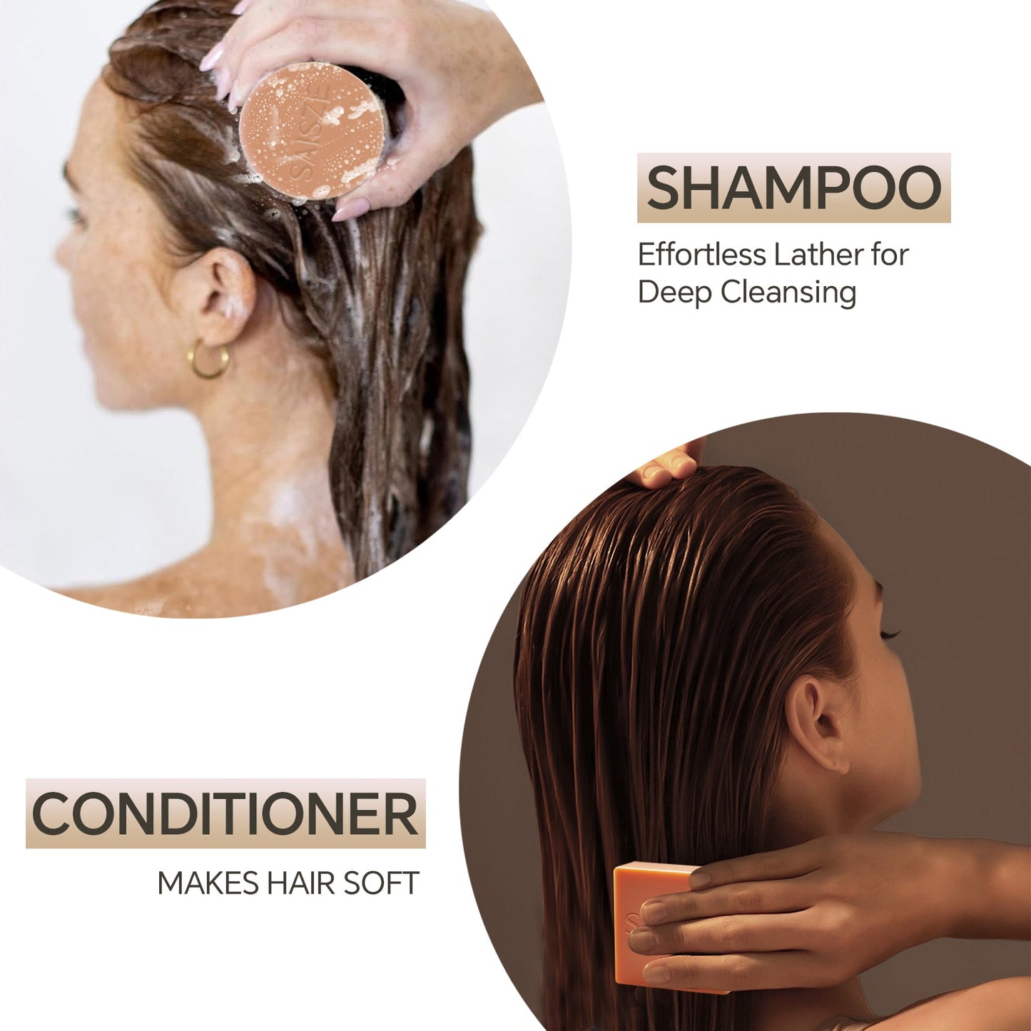 Krombee presents the application of shampoo and conditioner to hair with the description of the products.