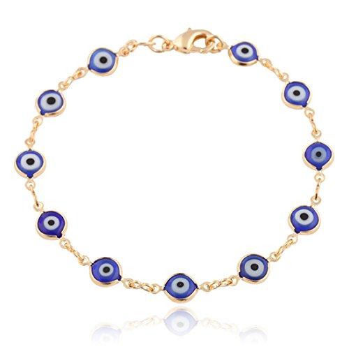 Gold and navy-blue evil eye bracelet with clasp on white background.