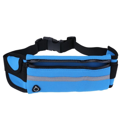 Blue waist bag with black accents on a white background