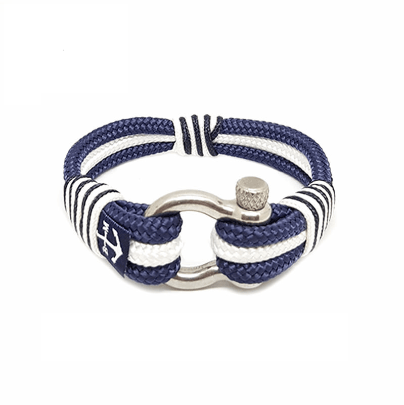 Handmade Aisling Nautical Bracelet in blue and white sailing rope with stainless steel shackle, unisex maritime accessory