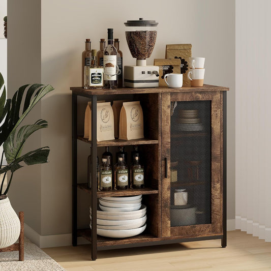 Wooden cabinet with kitchen items including bottles, a coffee grinder, and cups in a room setting.