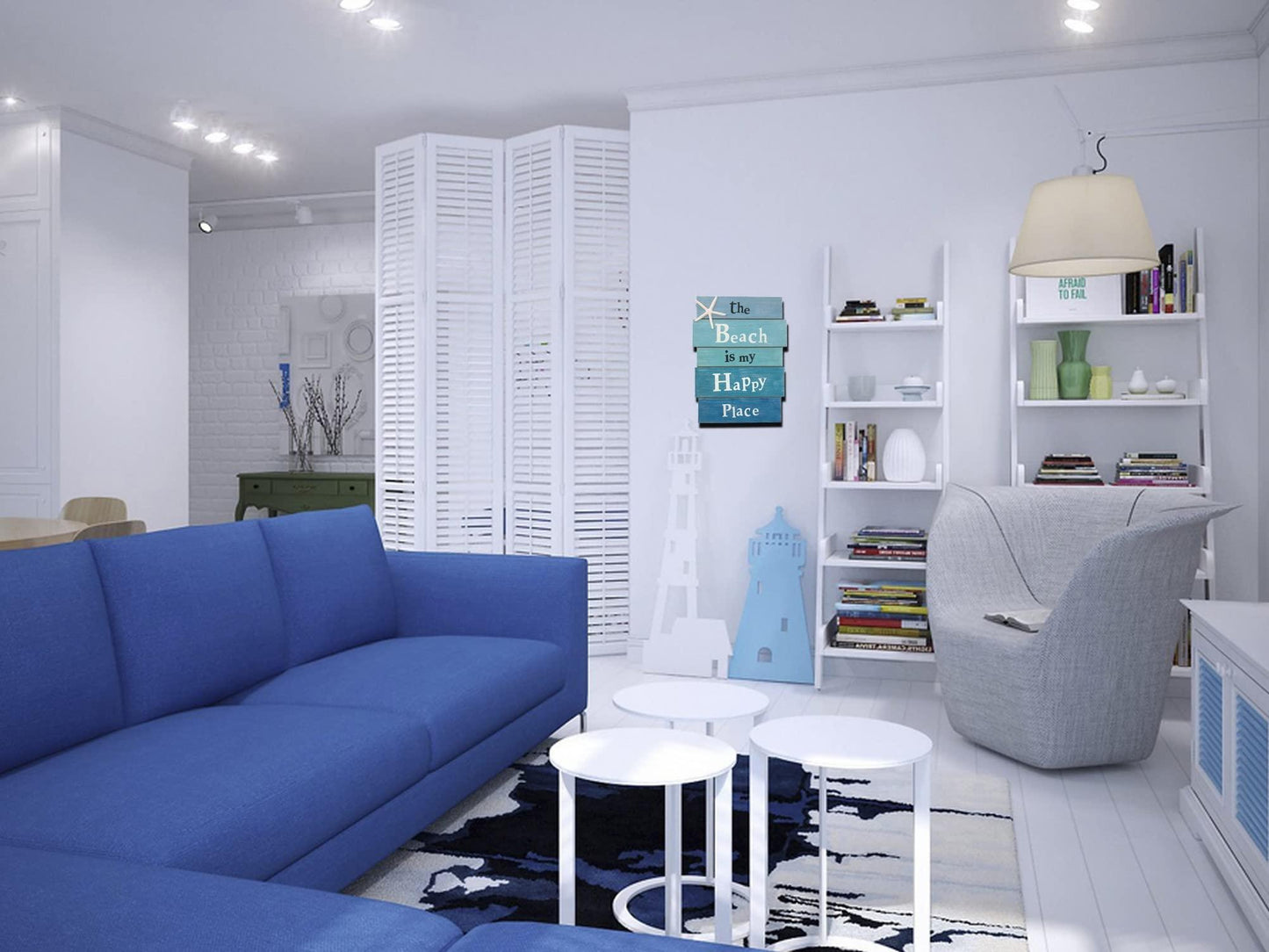 Beach themed home decor plaque in living room setting