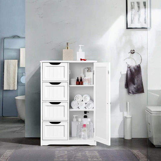 White floor cabinet with four drawers and cupboard
