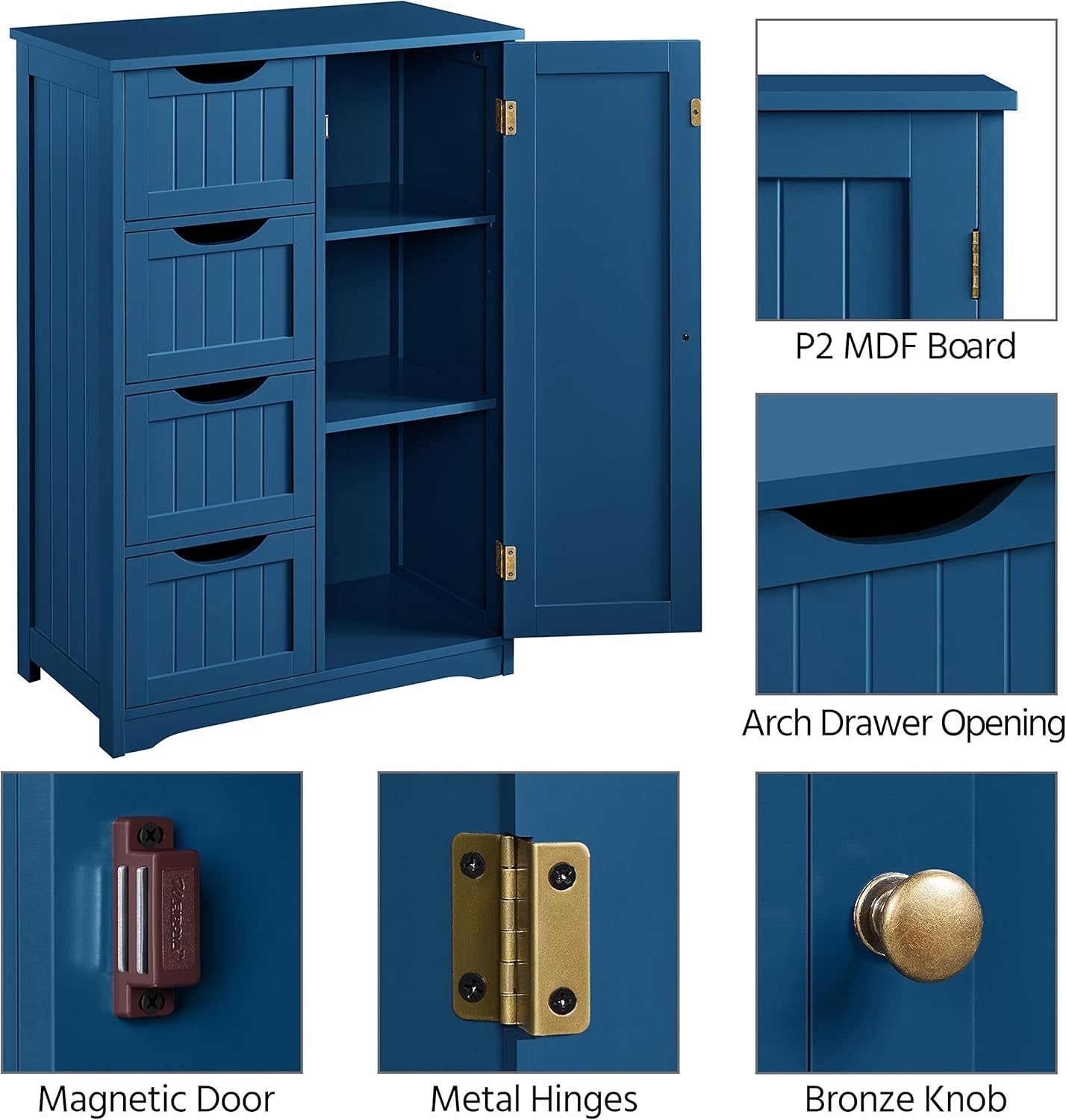 fully assembled navy bathroom cabinet with accessories displayed