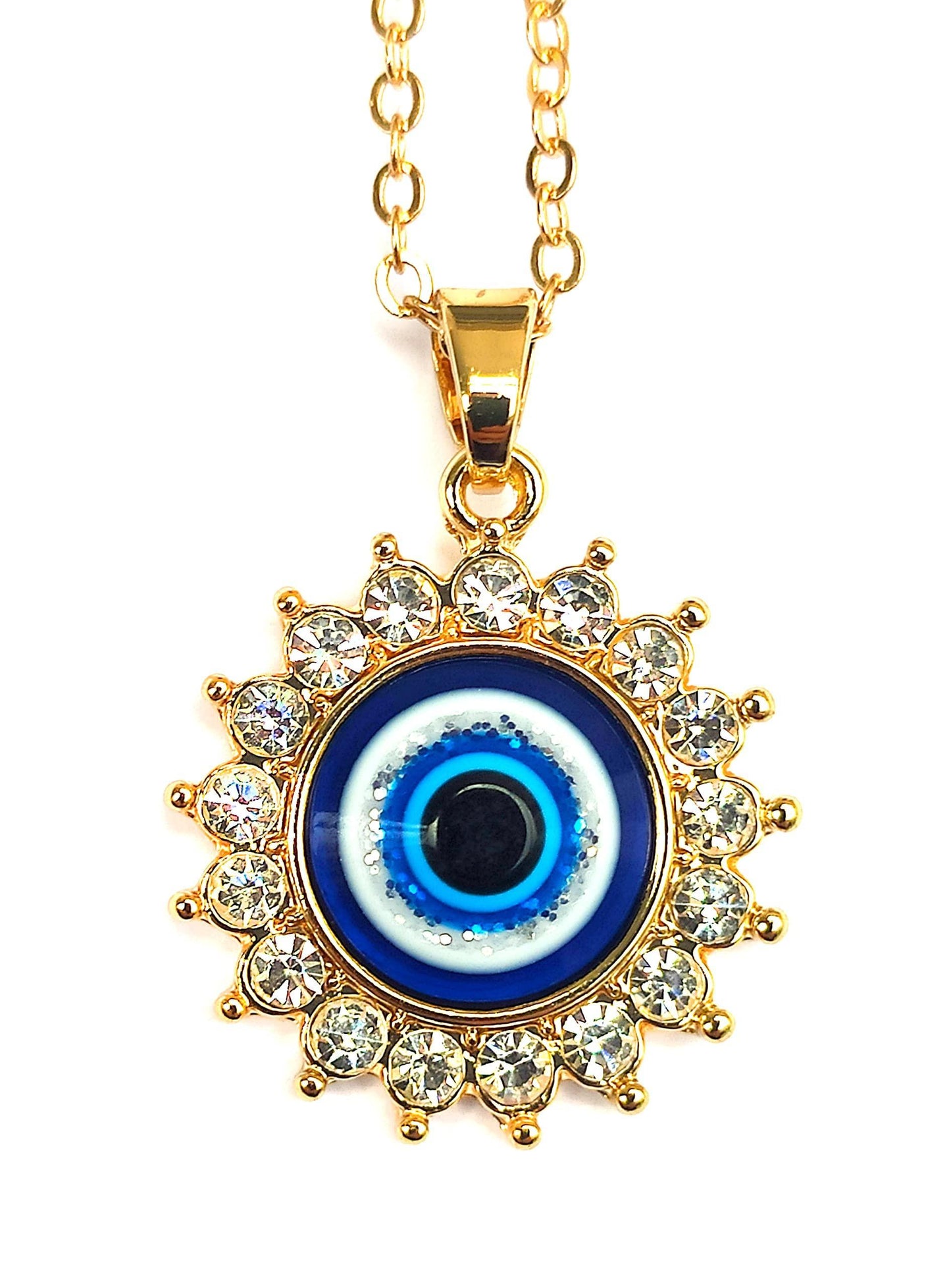 Dainty evil eye protection necklace displayed on white background