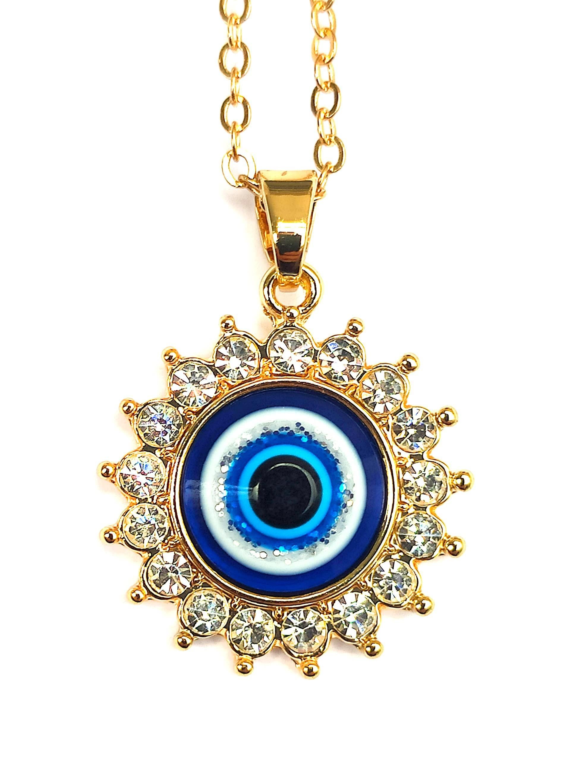 Dainty evil eye protection necklace displayed on white background