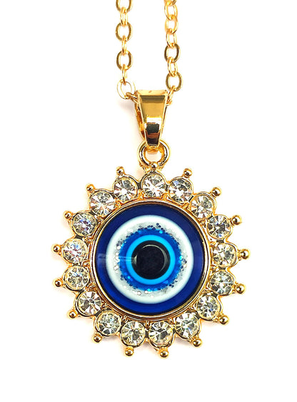 Dainty evil eye protection necklace displayed on white background