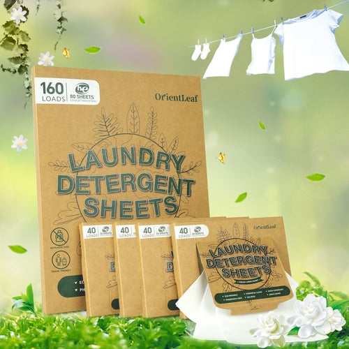 Krombee presents OrientLeaf laundry detergent sheets packaging with a green outdoor background