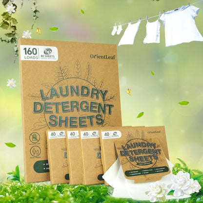 Krombee presents OrientLeaf laundry detergent sheets packaging with a green outdoor background