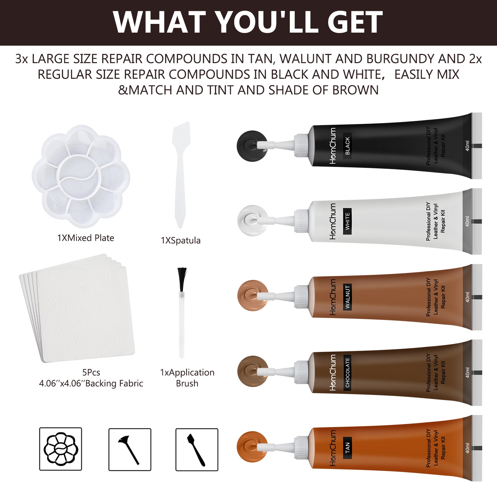 Color compounds for leather restoration in five shades