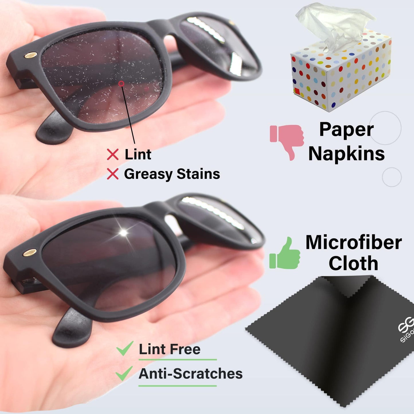 Black microfiber eyeglass cleaning cloth folded neatly